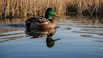 Mallard duck reflection in still water with reeds in the background