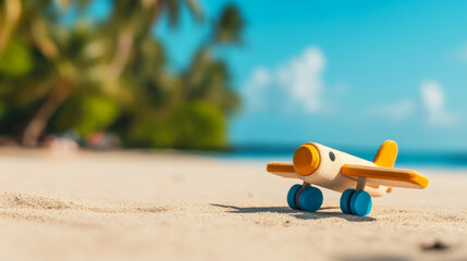 A colorful wooden airplane toy is positioned on a sandy beach, surrounded by tropical environment and bright sunlight, creating a playful and adventurous summer atmosphere.