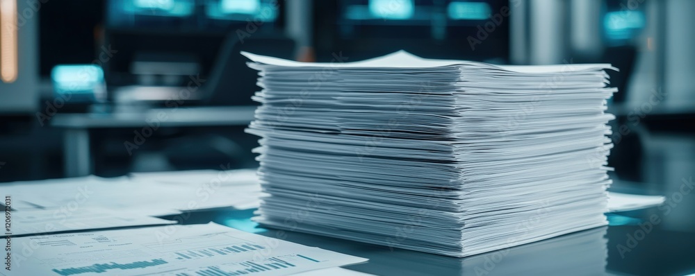 Poster financial planning insurance tools concept. stack of paperwork with graphs and data scattered on a r