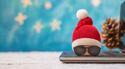 Playful holiday mood captured featuring vibrant red Santa hat, stylish sunglasses, and cozy setup on electronic gear. Great blend of holiday vibes and tech-centric style.