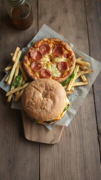 A delicious pizza burger and crispy fries displayed on a rustic wooden table, indulgent, cafe