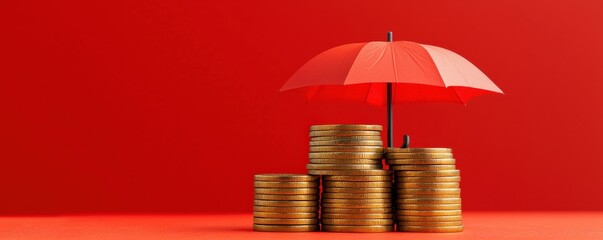 financial planning insurance tools concept. Red umbrella protecting gold coins against a vibrant red background, symbolizing wealth and security.