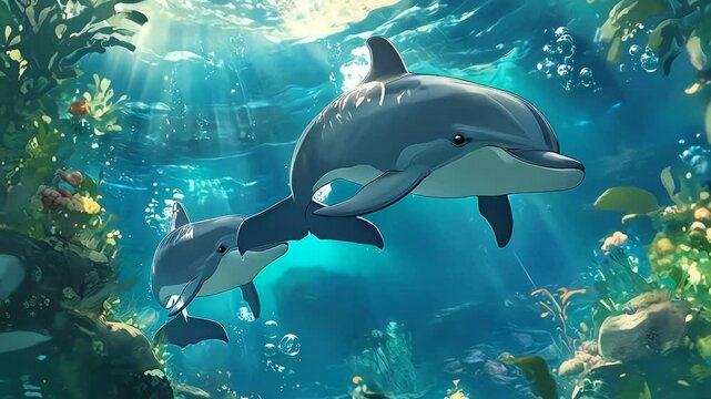 Cute cartoon anime baby dolphin swimming playfully with its mother