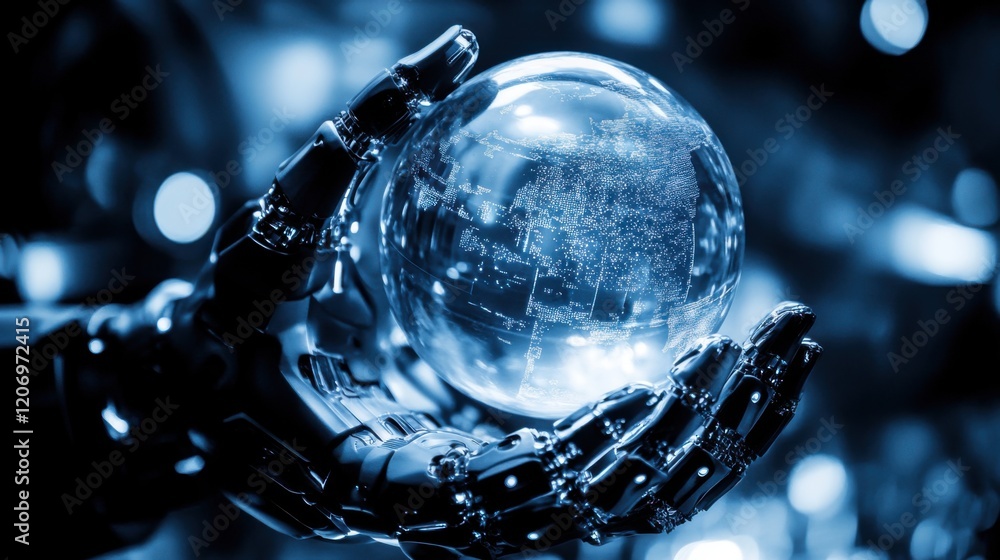 Poster futuristic robot hand holding a transparent sphere representing technology, innovation, and artifici