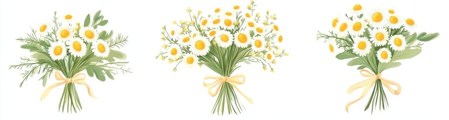 Three charming daisy bouquets tied with ribbon, varying in size.