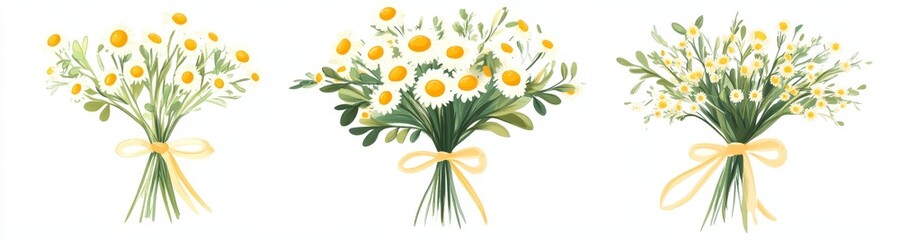 Three charming daisy bouquets tied with ribbons, varying in size and fullness.