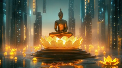 Golden Buddha amidst a futuristic cityscape oasis