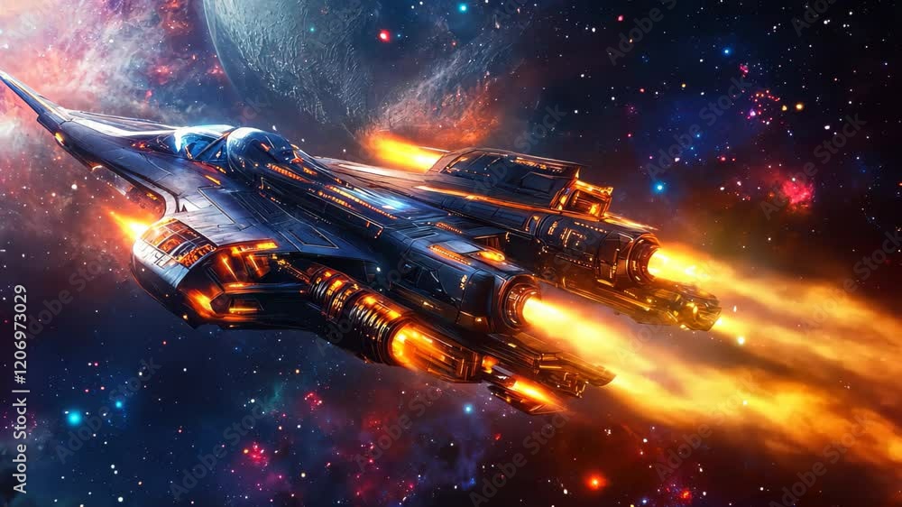 Poster futuristic spaceship soaring through vibrant space with fiery propulsion, futuristic spaceship flyin