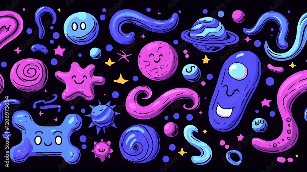 Poster galactic energy flow design, a vibrant pattern showcasing dynamic energy waves intertwined with cosm