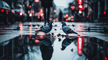 Urban Street Scene with Pigeons Walking on Wet Pavement, Reflected Lights, and a Person in the Background Creating a Quiet Moment of Nature in a Bustling City
