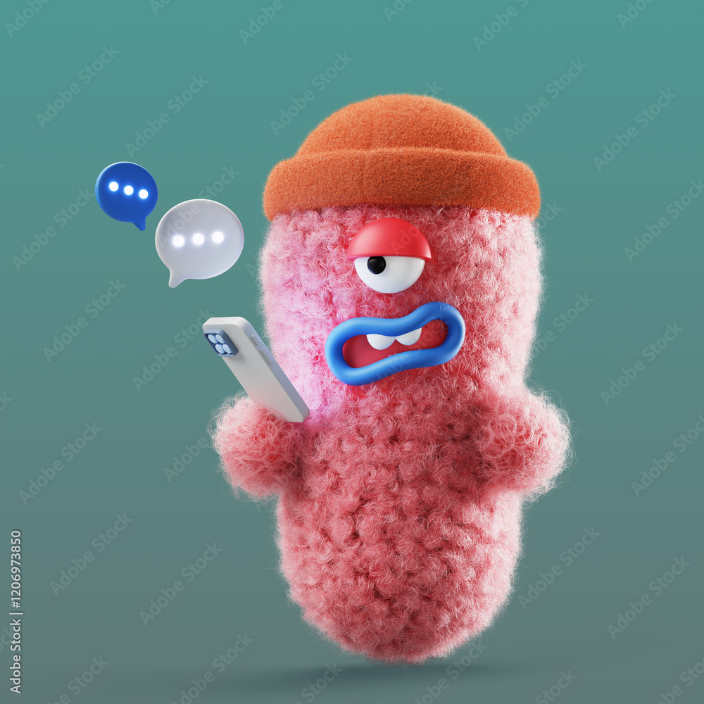 Poster 3d fur fluffy character with mobile phone in hand and speech bubbles. funny furry monster read messa