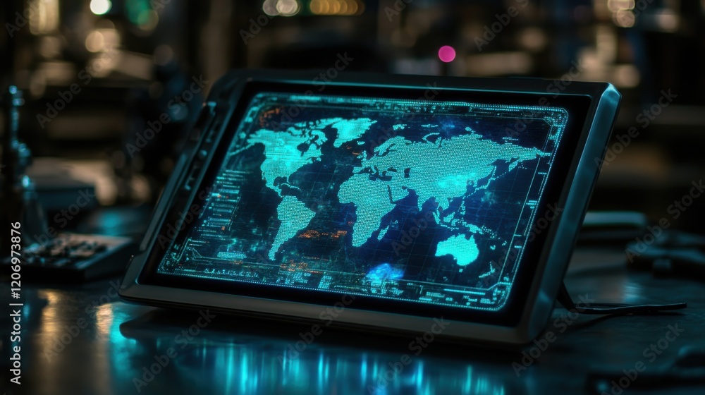 Aufkleber modern digital map displayed on a sleek touchscreen monitor in a dimly lit high-tech environment, sh