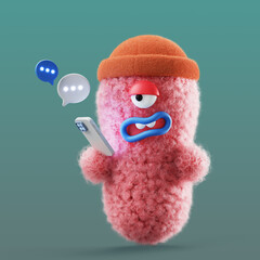 3d fur fluffy character with mobile phone in hand and speech bubbles. Funny furry monster read message on smartphone render. Cute fuzzy mascot communication use internet technology. 3D illustration © marozhkastudio