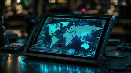 Modern digital map displayed on a sleek touchscreen monitor in a dimly lit high-tech environment, showcasing global geography with a futuristic interface and design elements.