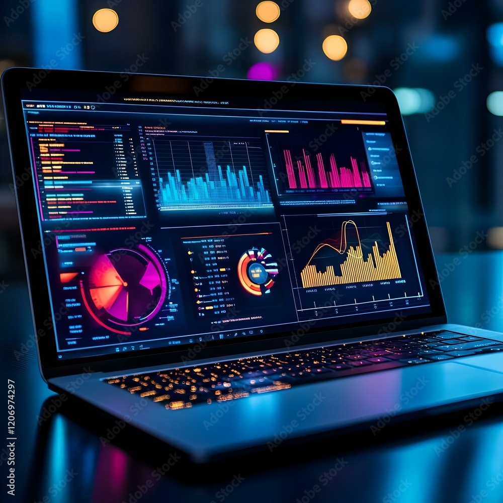 Poster data insights, a laptop displaying vibrant charts and graphs illustrating key performance indicators