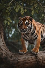 Obraz premium A tiger climbs a big tree trunk to catch its prey on the tree.