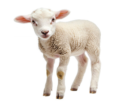 Cute and fluffy lamb standing gracefully, isolated on transparent or white background