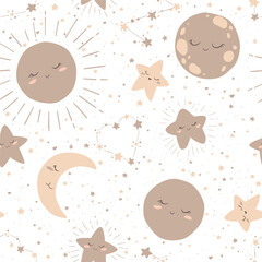 Seamless vector pattern with cute boho hand drawn cartoon moon, sun and stars isolated on white background. Template for print, fabric, wallpaper, card, baby room decoration, nursery design