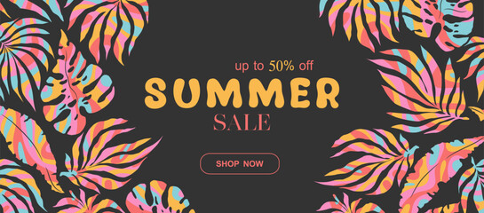 Summer sale vector banner template with groovy abstract monstera and palm leaves pattern isolated on black background. Illustration for advertising, flyer, card, poster, website
