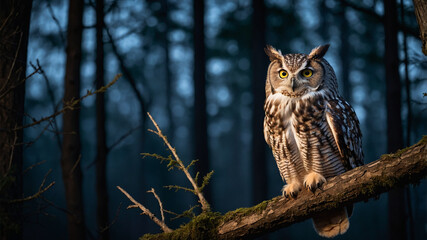 Majestic Great Horned Owl Perched in a Mysterious Forest at Twilight