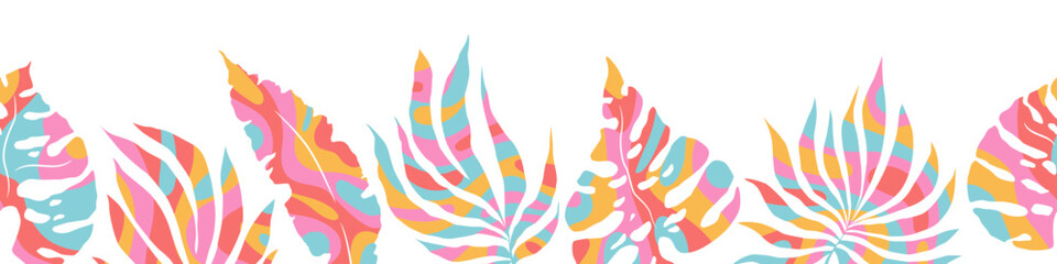 Vector horizontal seamless pattern with groovy abstract monstera and palm leaves isolated on white background. Modern funky  illustration design tropical plant elements for card, print