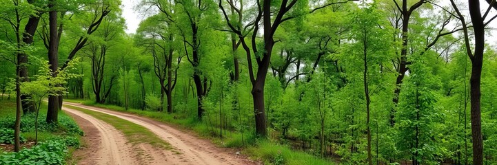 A narrow dirt road winds through a vibrant young forest plantation, lined with rows of tall saplings, dappled sunlight filtering through the leaves, growth, environment, trees