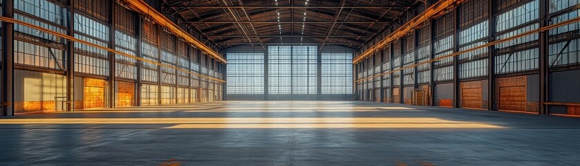 Spacious Industrial Warehouse Interior with Sunlight Streaming Through Large Windows and High Ceilings