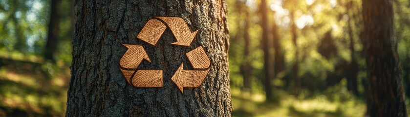Obraz premium Eco-Friendly Concept with Recycle Symbol Engraved on Tree Trunk in Forest Promoting Sustainability and Environmental Conservation