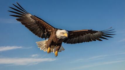 Fototapeta premium Majestic Bald Eagle Soaring Through a Clear Blue Sky with White Clouds