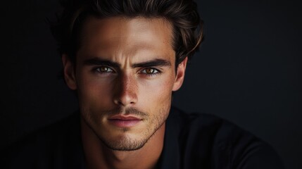 Obraz premium Intense Gaze of a Handsome Man Dark Background Studio Portrait Photography