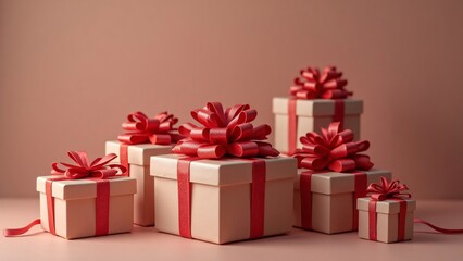 Obraz premium Elegant Stack of Gift Boxes with Red Ribbons on Pastel Background