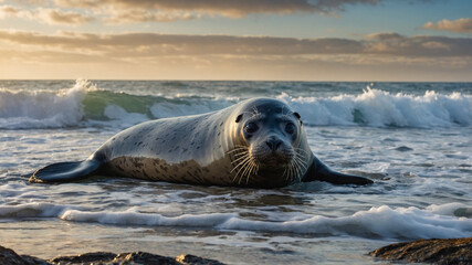 Adorable harbor seal resting on the shoreline at sunset with gentle waves washing the shore