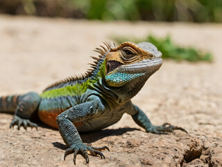 Fototapeta premium Close-up of a iguana resting on a rock, showcasing its detailed scales, vibrant coloration, and unique reptilian features in a natural outdoor setting