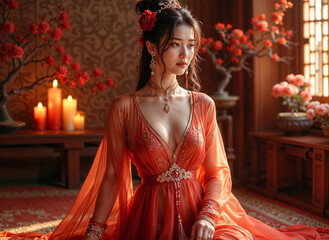 Fototapeta premium Captivating image of a beautiful woman in traditional Chinese dress. Perfect for fashion, beauty, and culture projects
