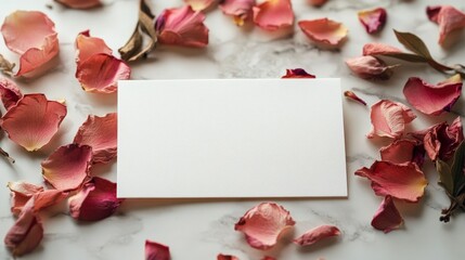 Obraz premium Blank Note Paper with Rose Petals for Valentine's Day or Special Occasions in Soft Light on a Marble Background