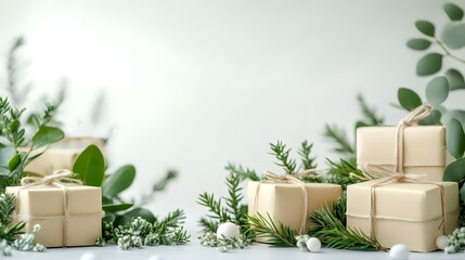 Eco-friendly gifts, greenery, winter scene, white background, holiday advertisement