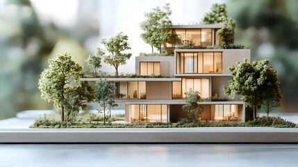 Fototapeta premium Eco-friendly apartment model, green landscaping, blurred background, architectural design
