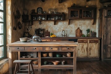 Rustic Wooden Kitchen Island and Vintage Cabinets