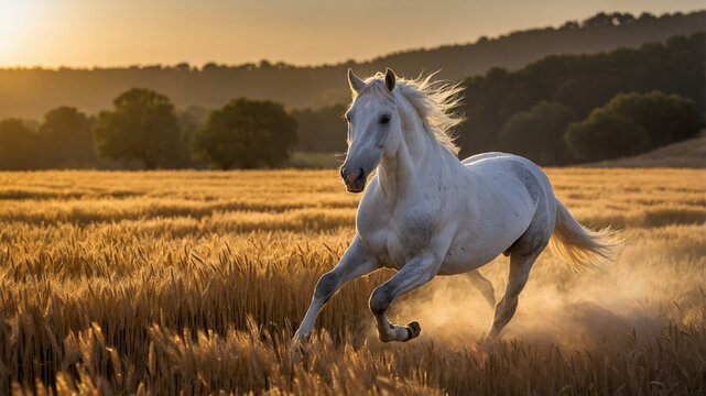 White horse gallops freely through a golden wheat field at sunset