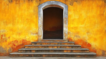 Stone Steps Leading to an Archway in a Yellow Wall