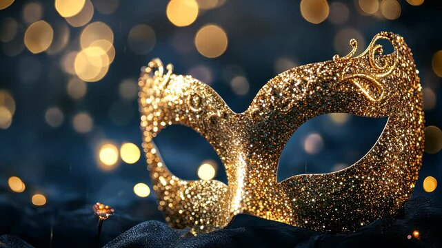 Glitter masquerade mask placed against a dark background illuminated by shimmering bokeh lights, Glitter masquerade mask on dark background with bokeh lights