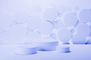 Three light violet round podiums on abstract stage mockup. Soft shining flying circles decor. Template 3D illustration modern scene for presentation cosmetic products, goods, branding, sale, display.