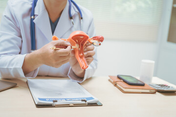 Male doctor treating female uterine diseases at hospital table, discussing uterine disease...