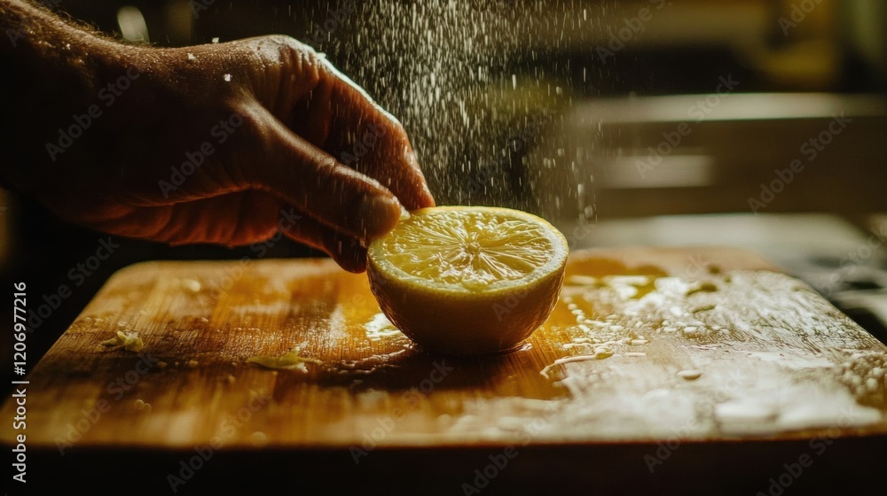 Poster fresh lemon being squeezed over chopping board with light sprinkle of juice creating a refreshing at