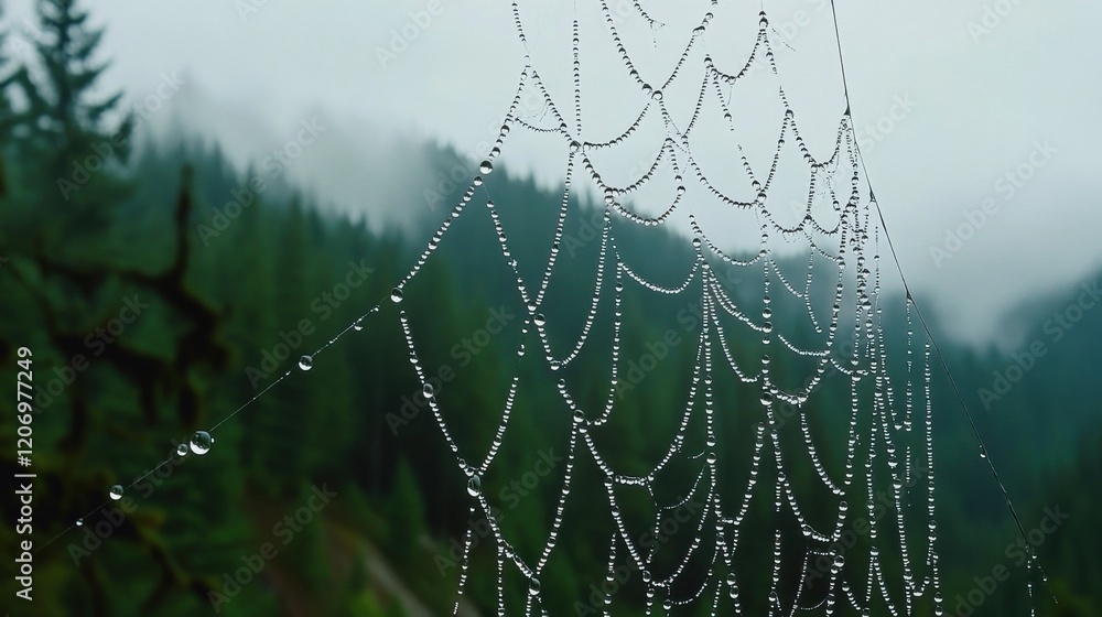 Poster dewdrops glistening on a spider web in a forest setting with lush green trees and misty background c