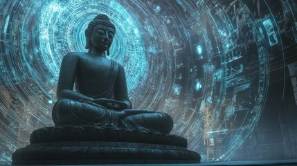 Buddha Statue Amidst Digital Light Technology