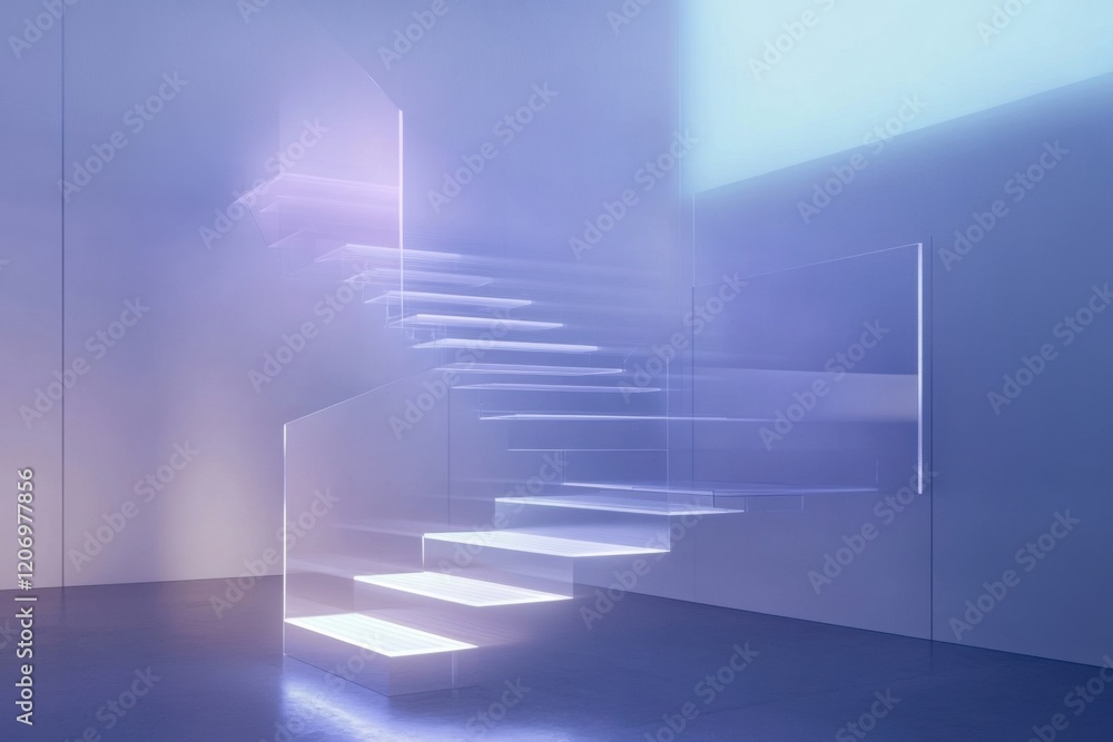 Poster floating staircase design in a futuristic minimalistic space illuminated by glow