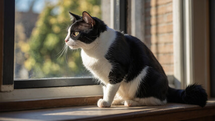 Black and white cat sitting on the windowsill looking outside on a sunny day