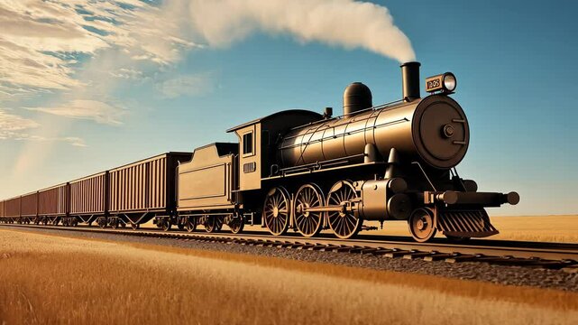 A vintage steam locomotive travels through a golden wheat field under a clear blue sky