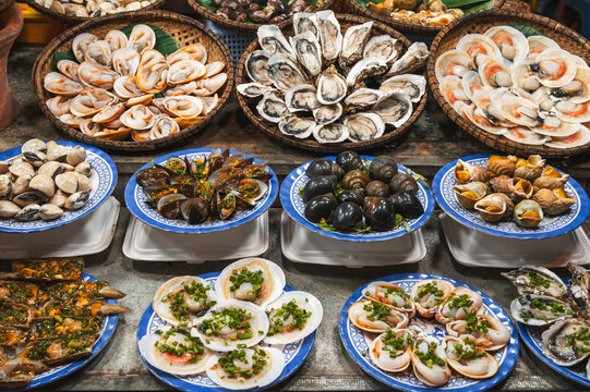 Barbecue Fire Grill, Shellfish mollusks seashells, oysters delicacies Seafood cuisine background
